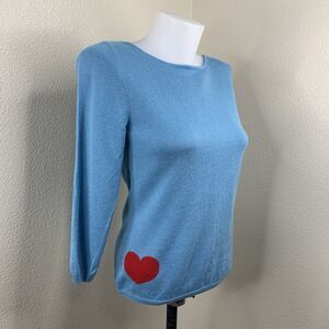 Vertical Design Silk Cashmere Angora Rabbit Blue Heart On Sleeve Sweater M NWOT